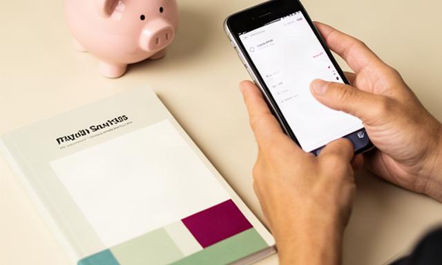 銀行アプリの自動積立設定を確認するスマートフォンと貯金用ノート