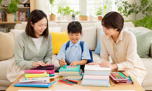 子どもの学用品と教育費の予定を家族で確認する明るいリビング